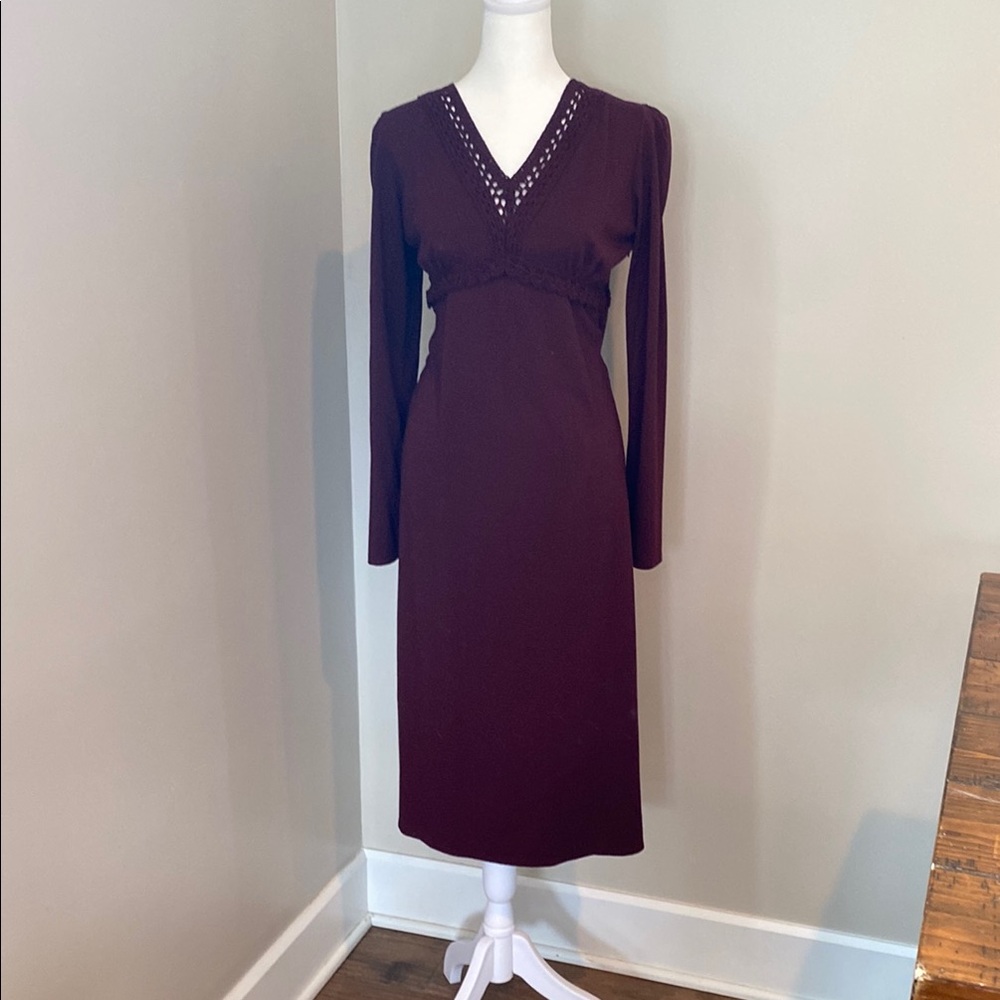 Burgundy Ann Taylor Loft Long Sleeve V-Neck Sheath Dress